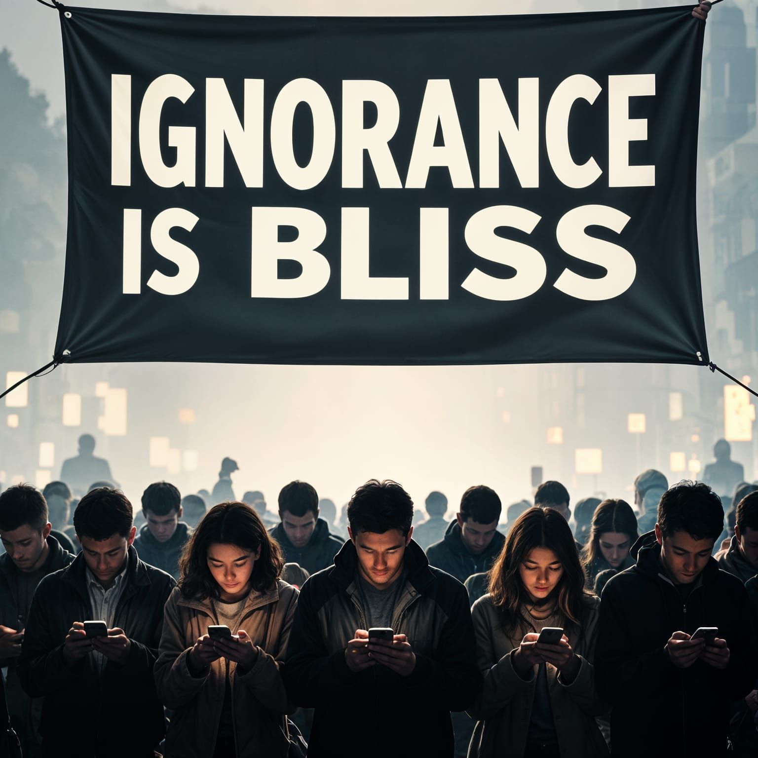 Modern Alienation: Crowd Glued to Phones Under 'Ignorance is...