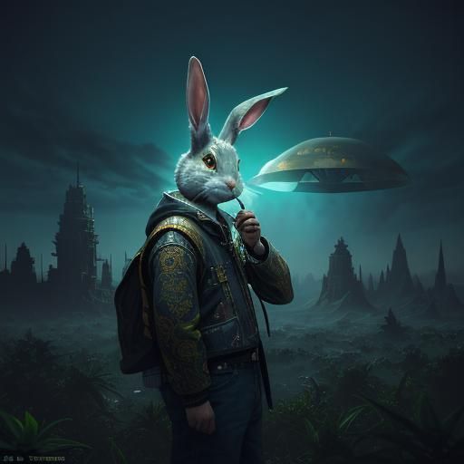 Rabbit Smoking with UFOs: Hyperrealistic 3D Art
