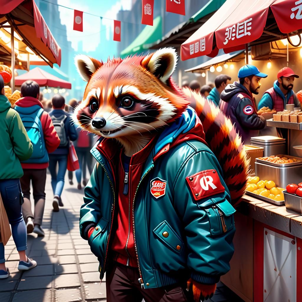 Red Raccoon Food Stall in Detailed Matte Painting Style