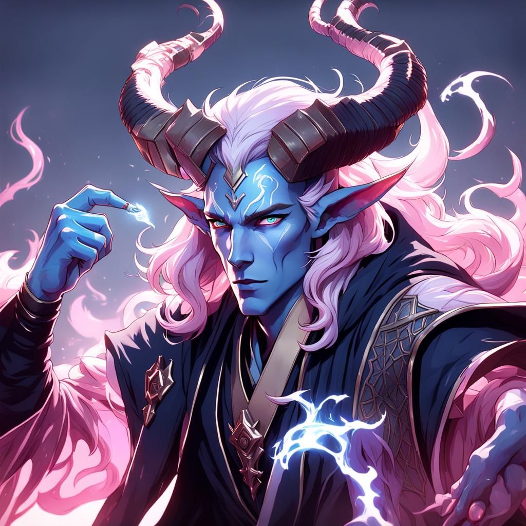 Blue Tiefling Warlock in Anime-Inspired 3D Art