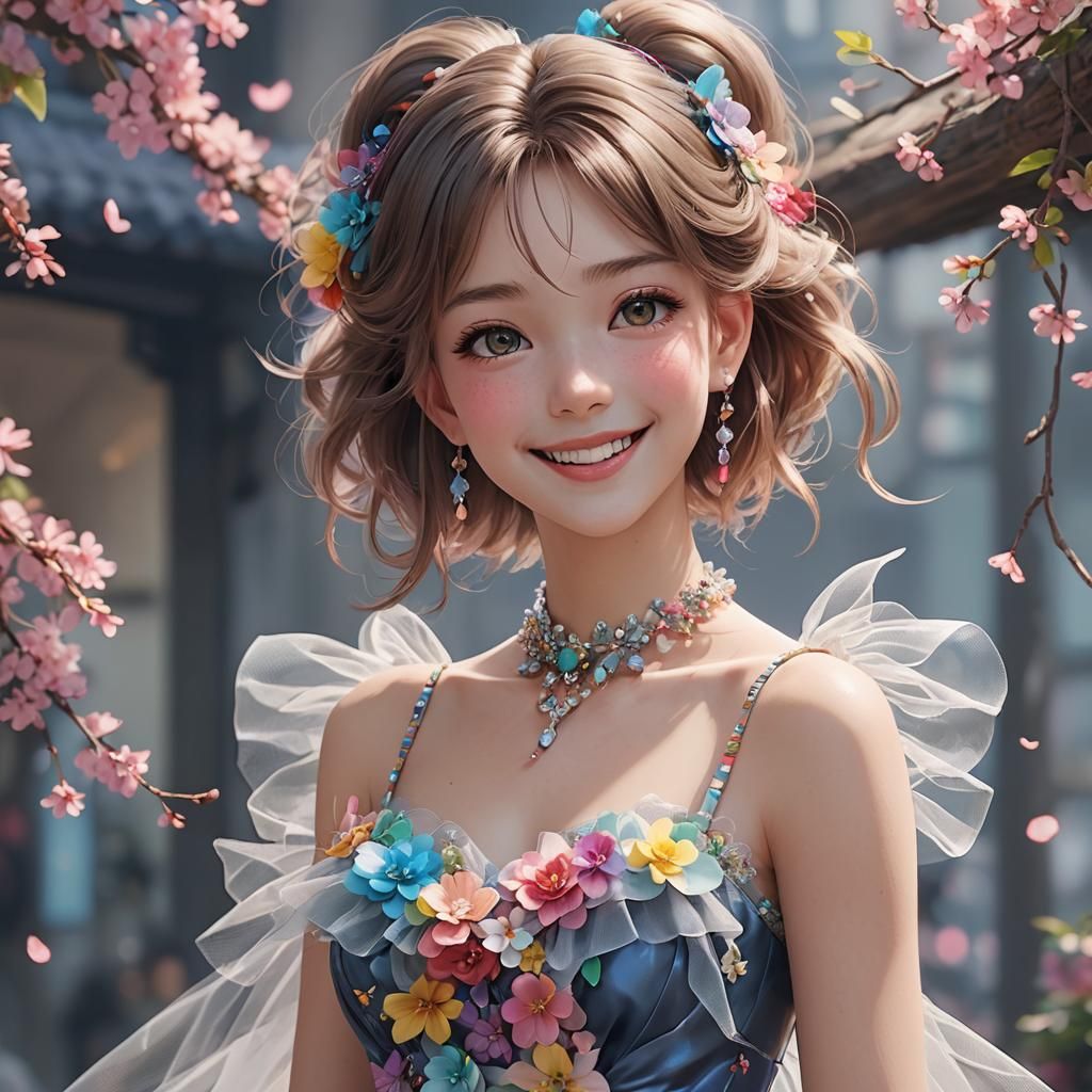 Anime Style Close-up of Smiling Figure in Tulle Dress