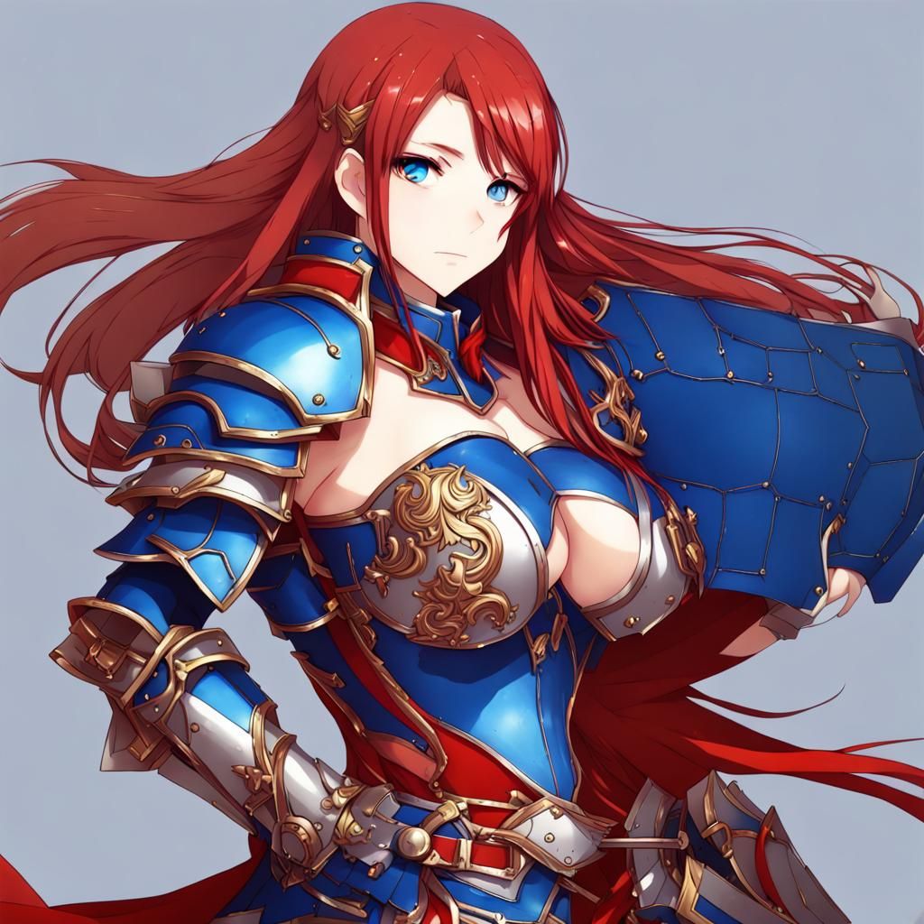 Anime Woman in Blue Armor with Red Hair