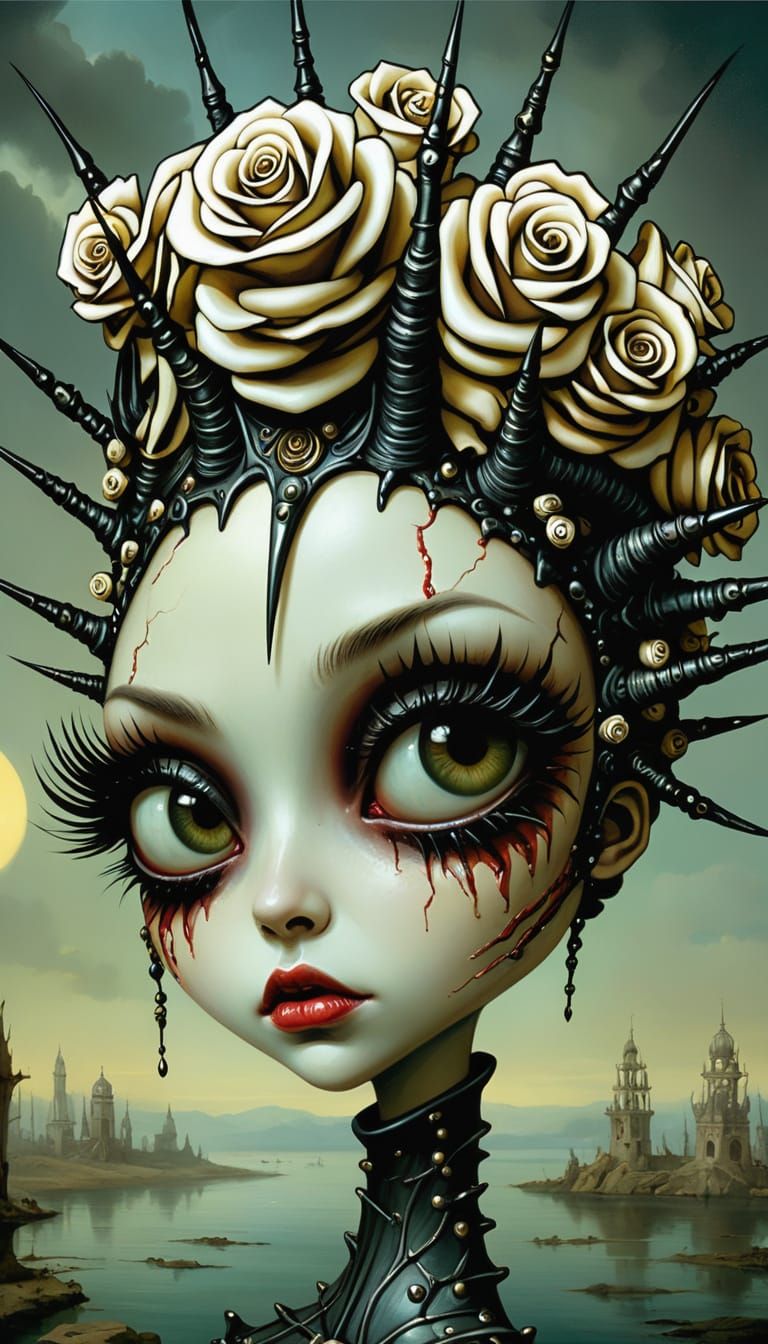 Surreal Portrait of Girl with Spiked Crown and Roses