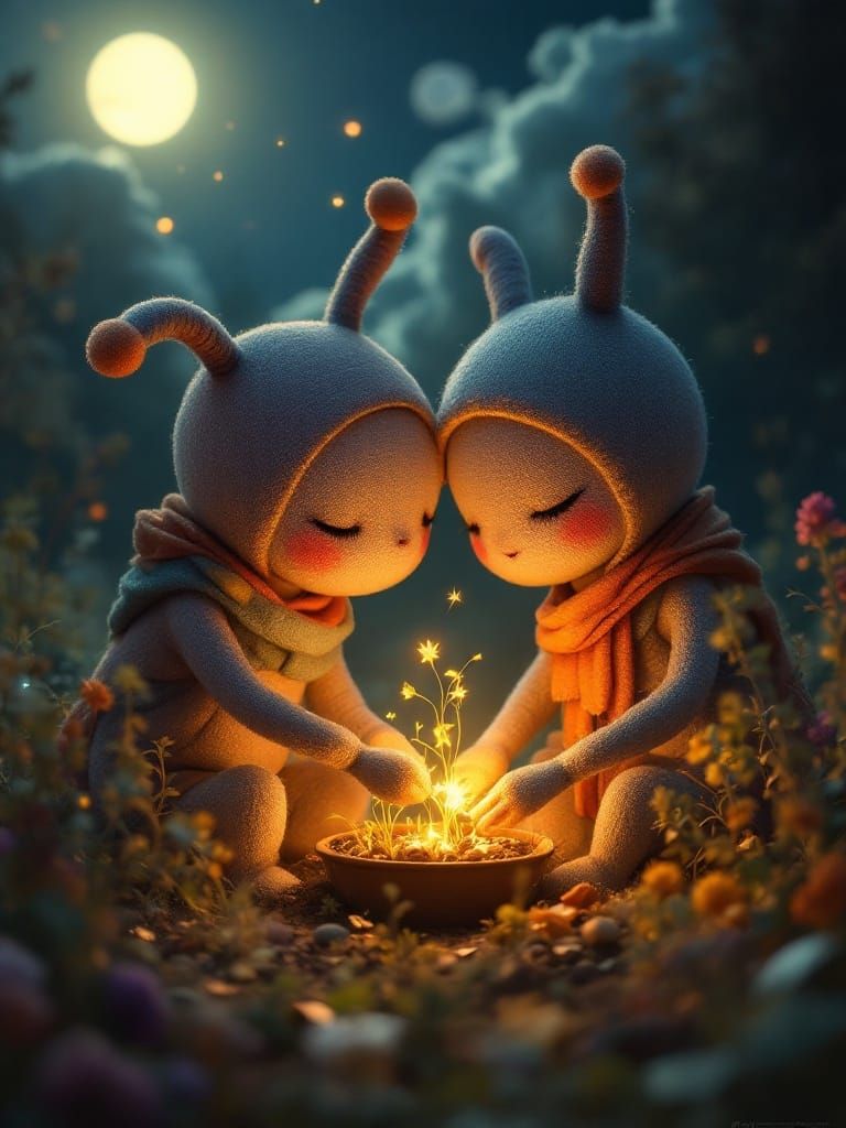 Couple Gardening on Trantor Under Earthshine