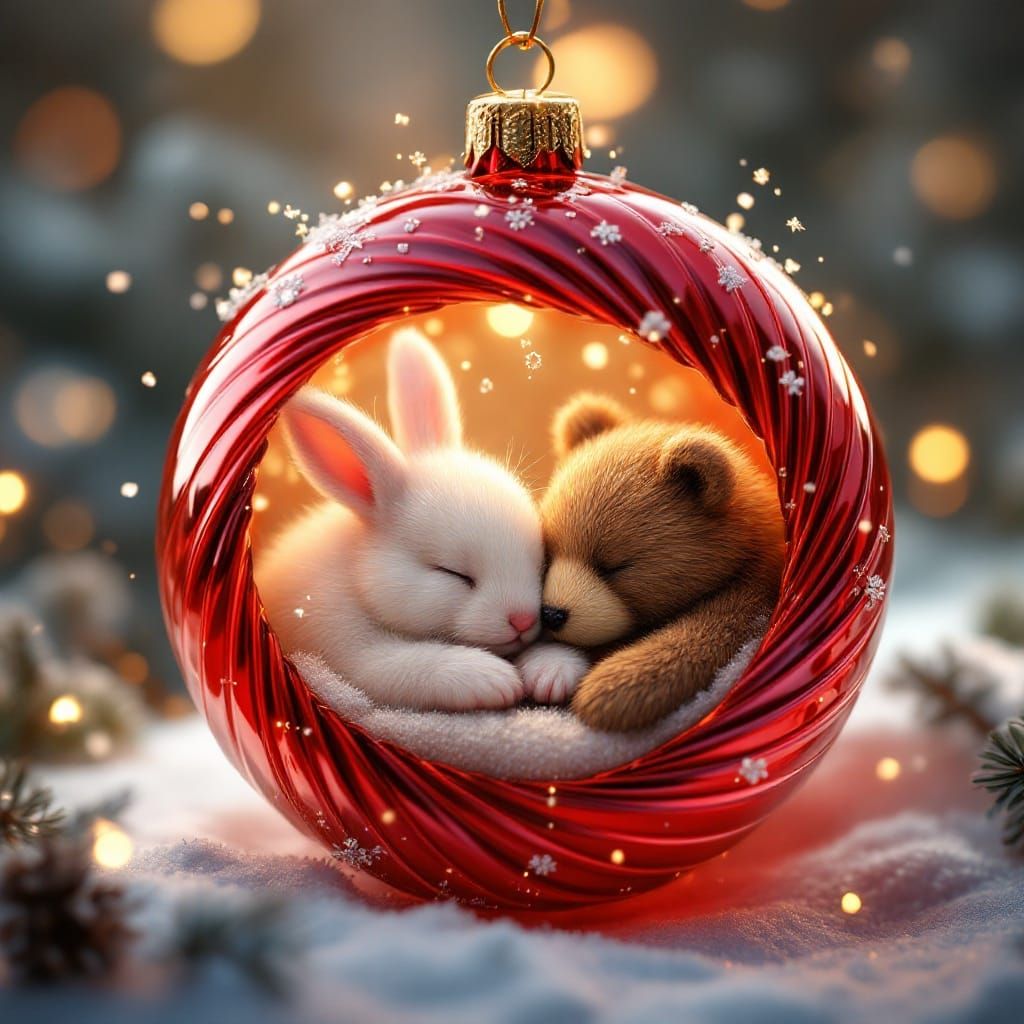 Whimsical Winter Scene Inside a Glass Ornament in Dreamlike....