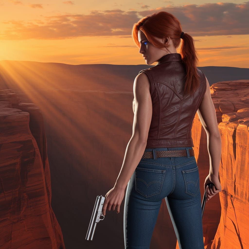 A lone cowgirl stands at the precipice of a vast, barren can...