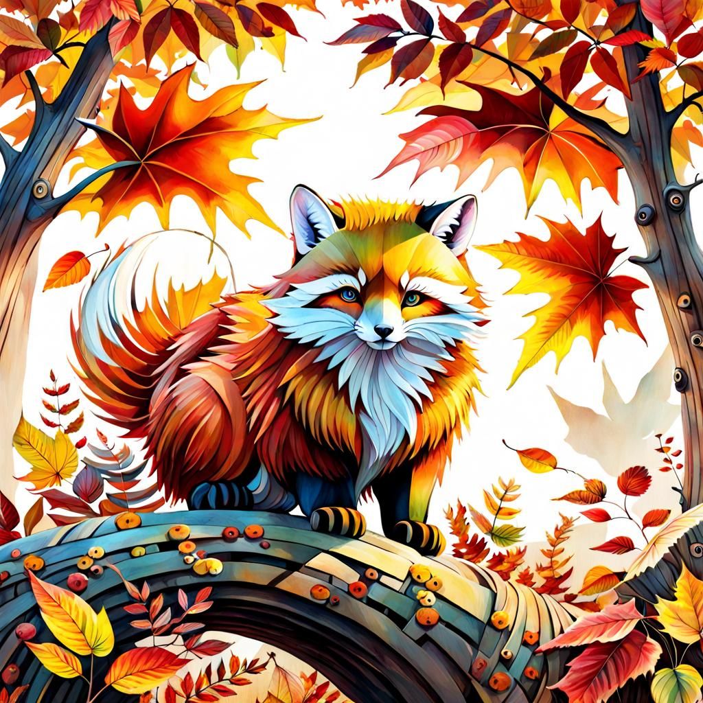 Autumnal Animal in Cubist Watercolor Landscape
