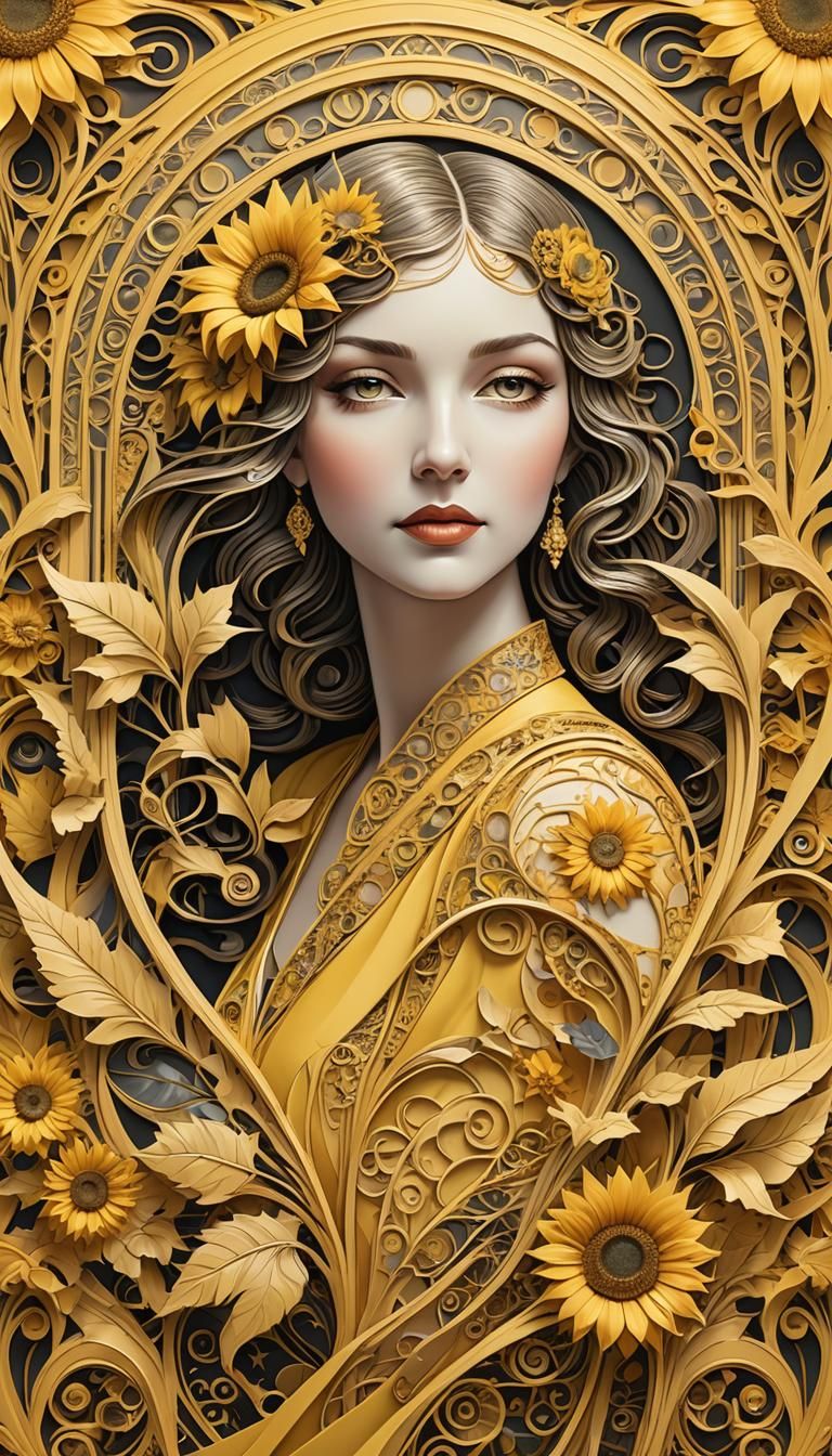 Art Deco Woman Portrait with Floral Border