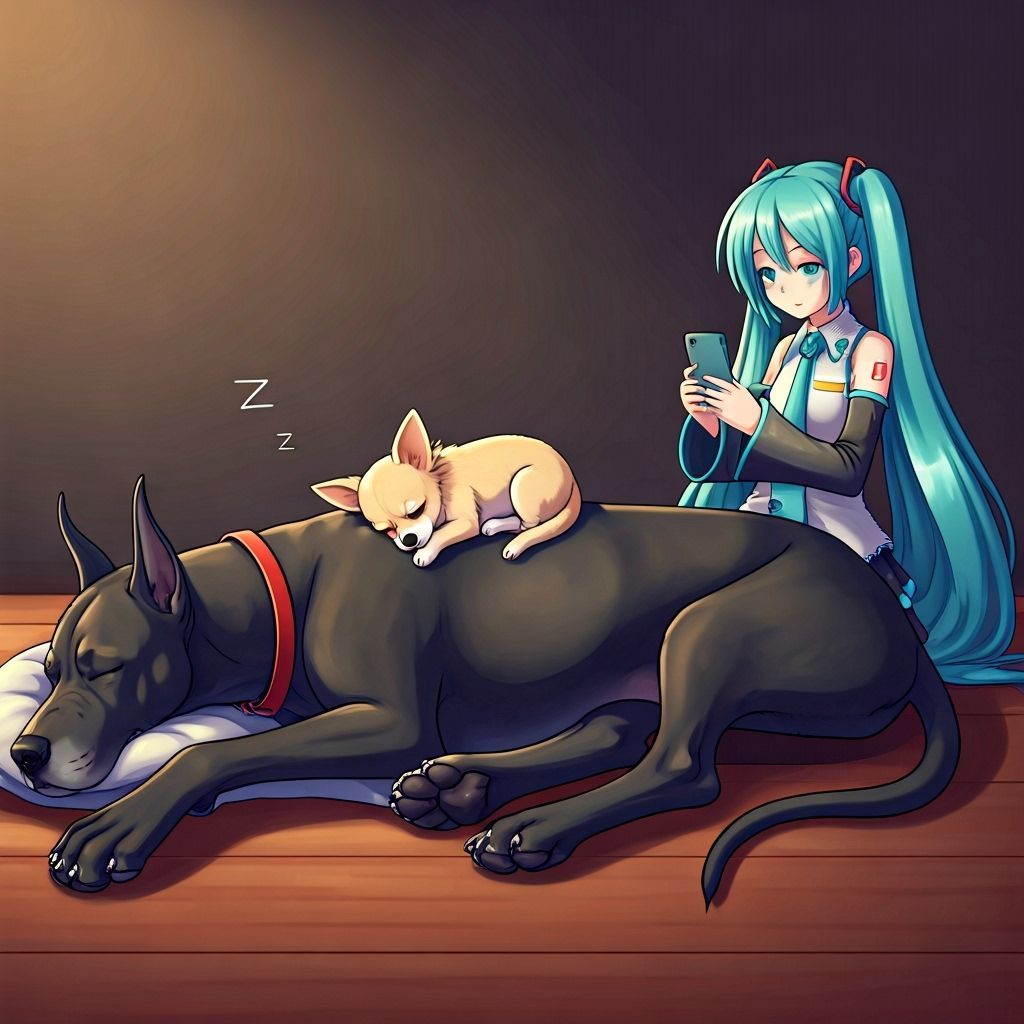 Great Dane and Chihuahua Nap Together with Hatsune Miku