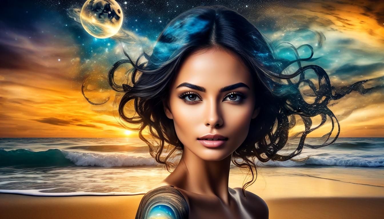 Cosmic Double Exposure: Exotic Woman and Beach Sunset