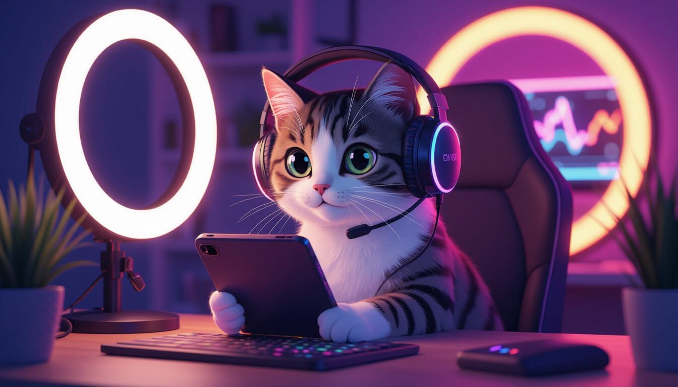 Gen Z Cat Streamer in Vibrant Anime Style