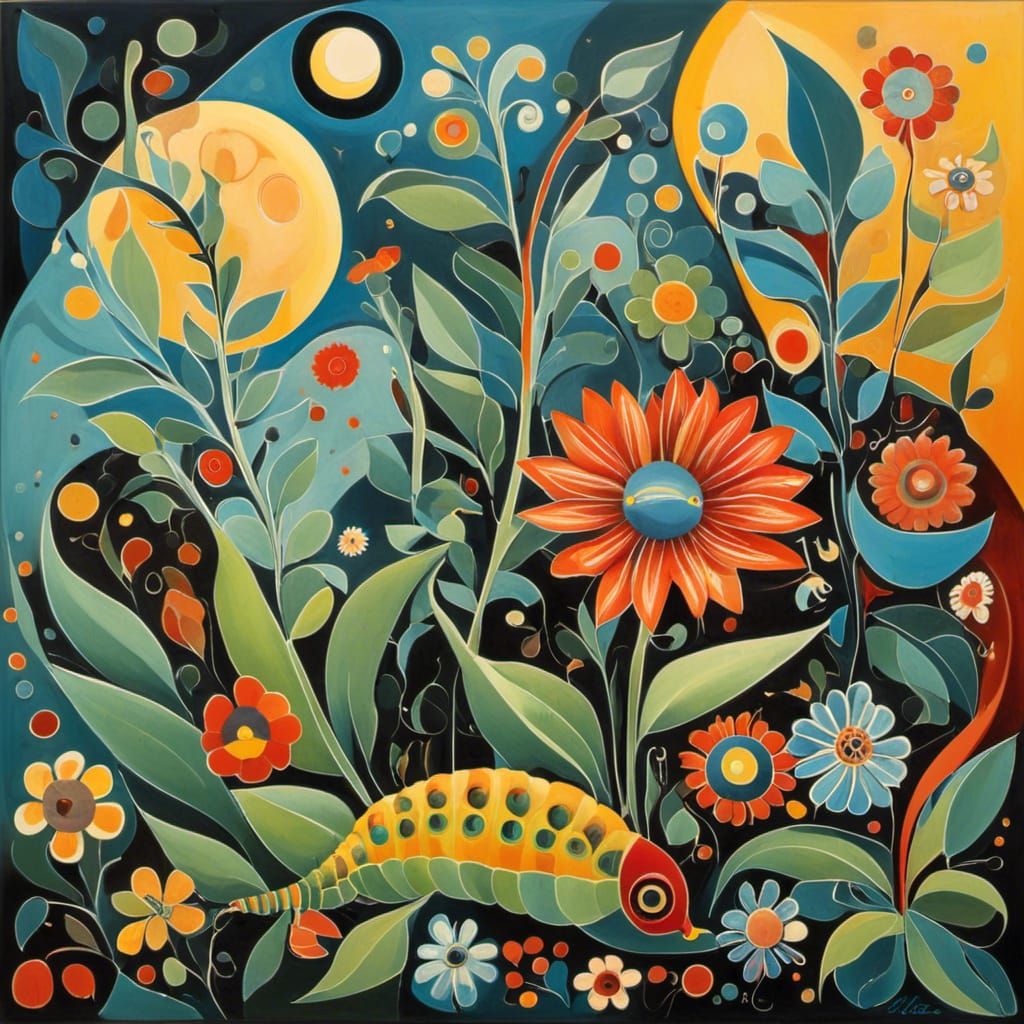 Geometric Landscape with Bioluminescent Caterpillar in Cubis...