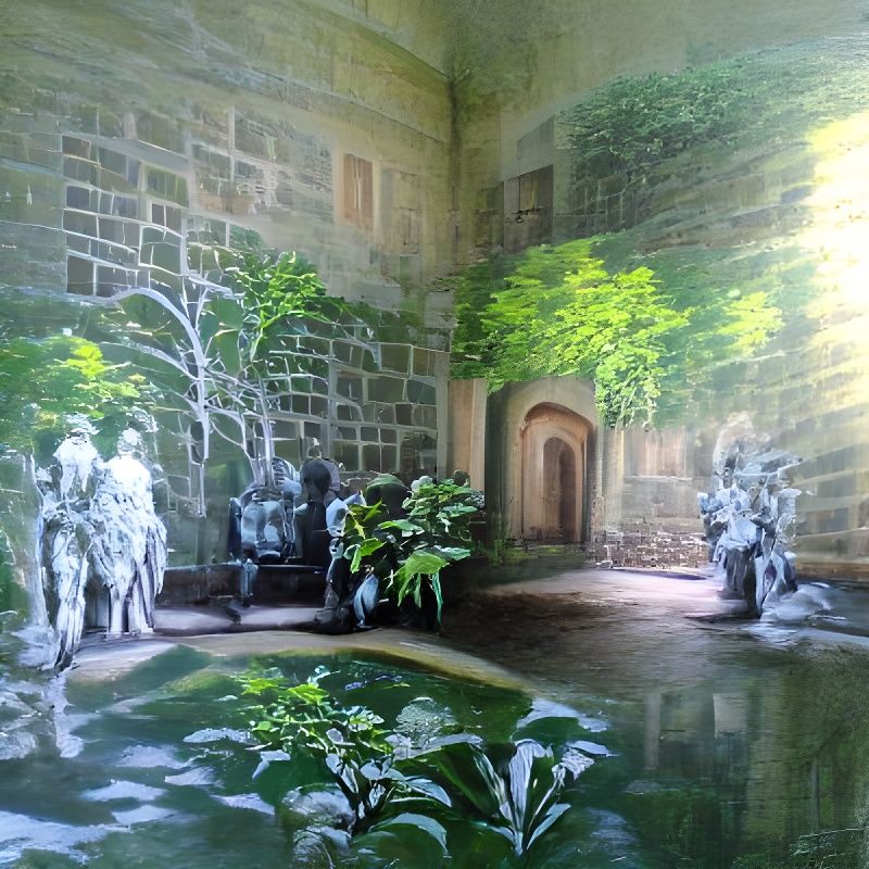 Elegant Nobleman's Courtyard with Pond, Oil Painting