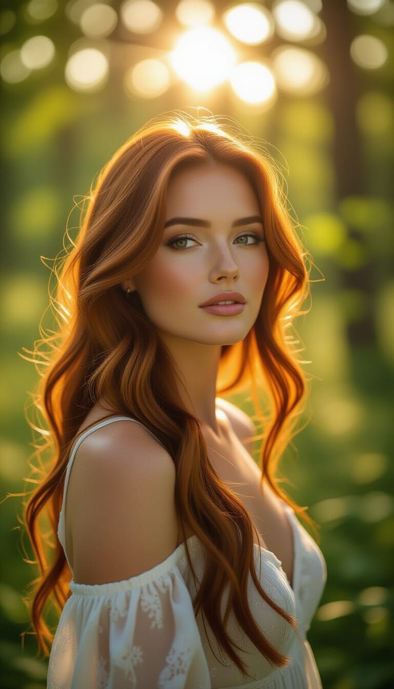 Woman in Sunlit Forest Clearing with Flowing Auburn Hair