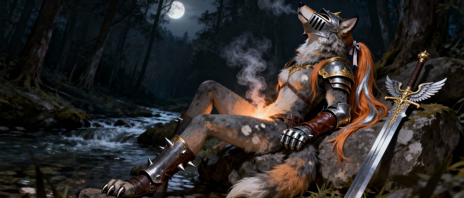 Furry Wolf Knight Resting by Forest Brook