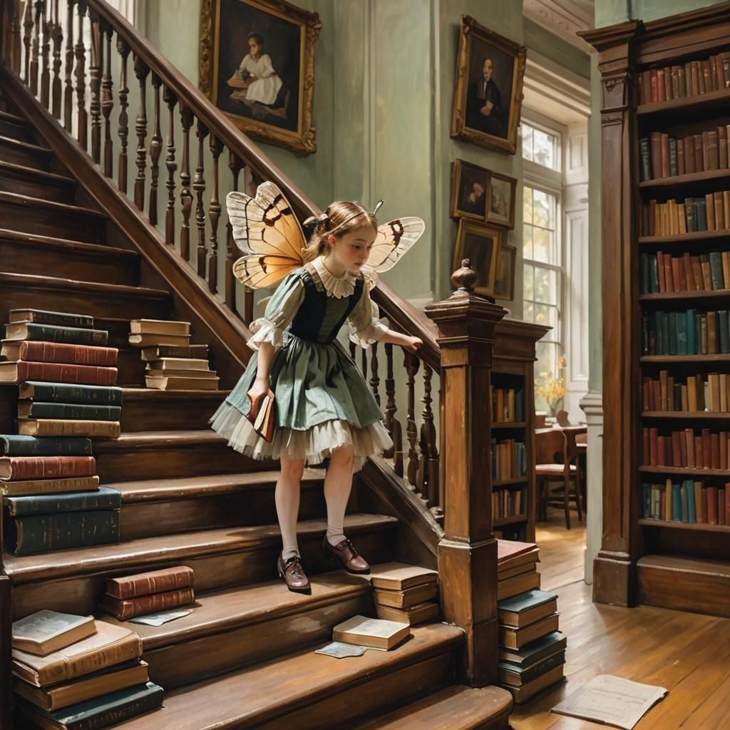 Moth Girl on Victorian Stairs: Degas-Inspired Painting