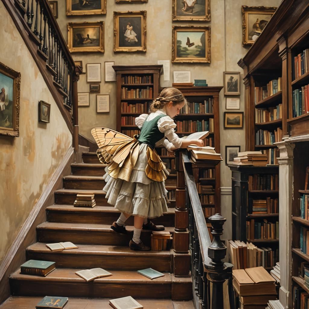 Moth Girl Climbing Victorian Stairs in Degas Style