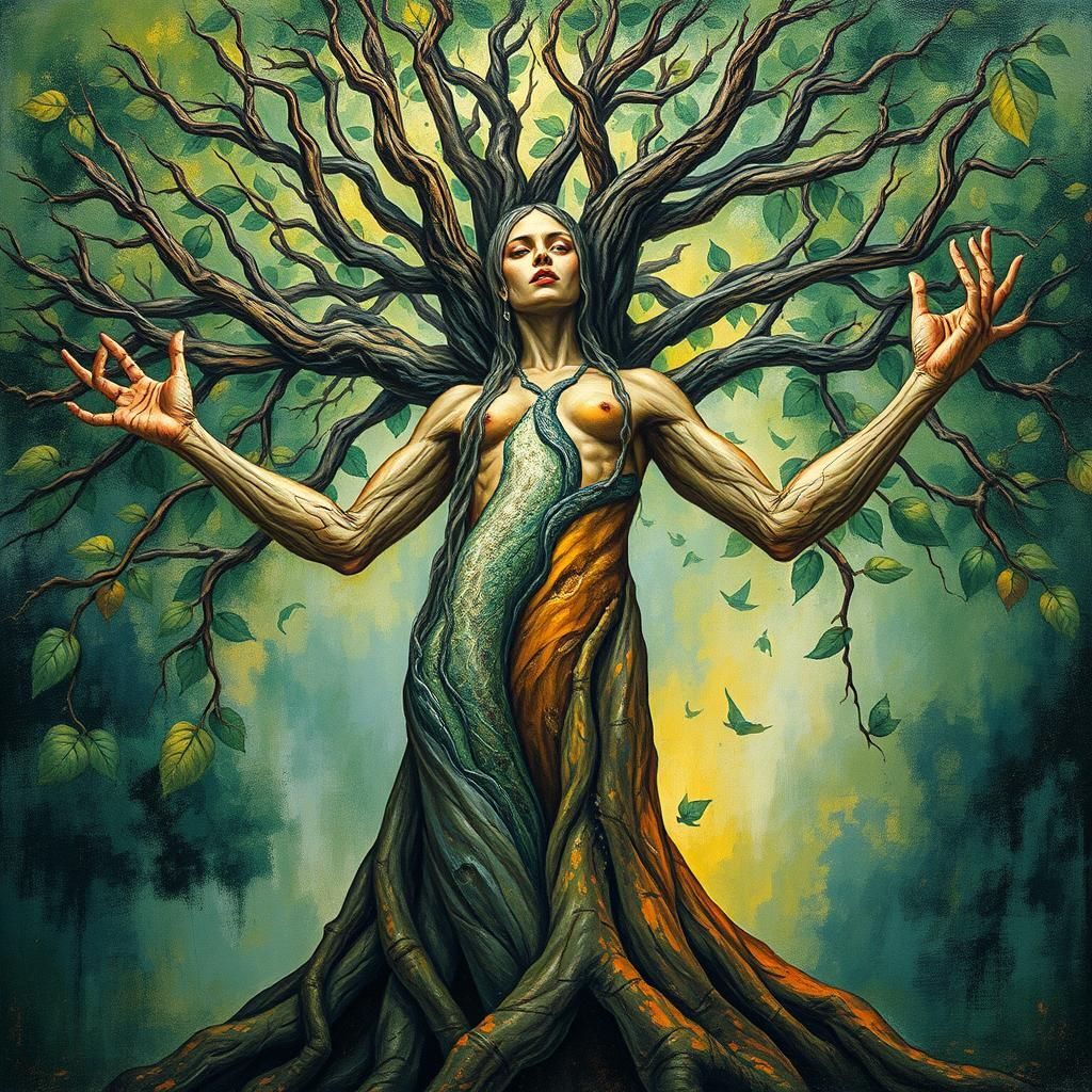 Mystical Tree Woman in Gouache Style