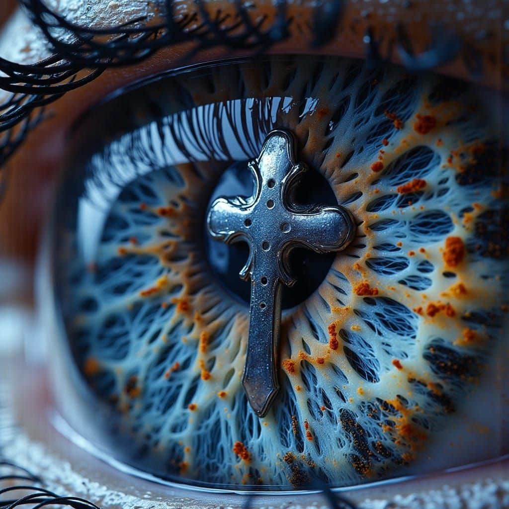 Mystical Eye with Metallic Cross in a Swirling Vortex