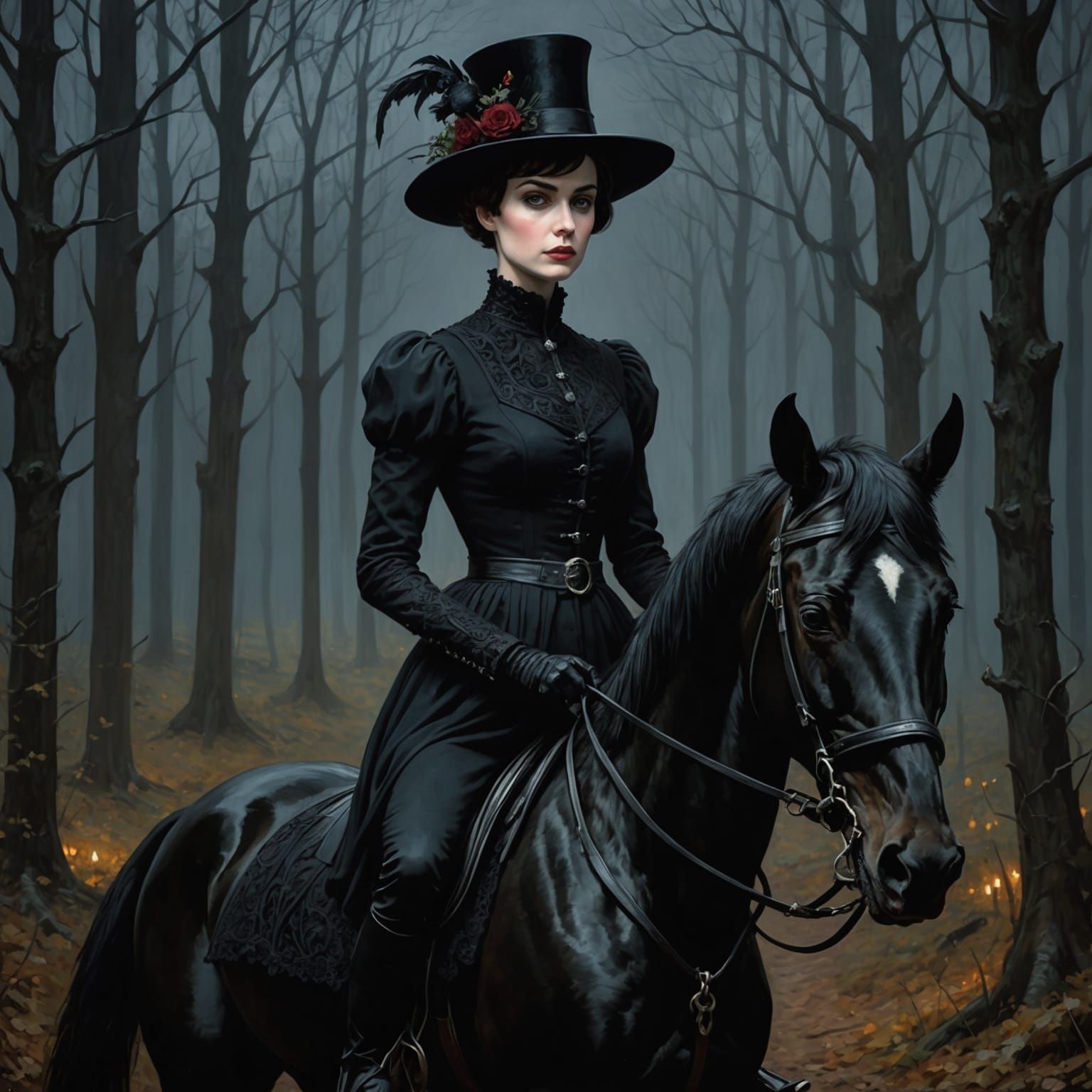 Gothic Woman on Stallion in Dark Forest