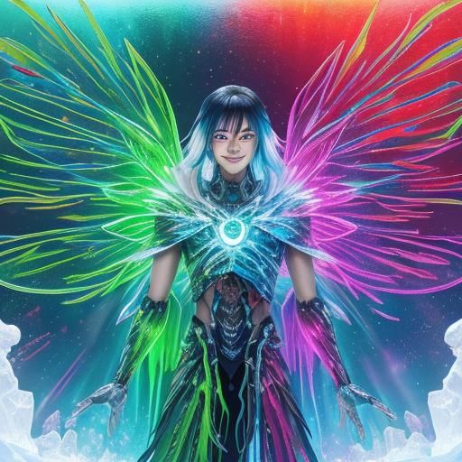 Futuristic neon hologram - smiling roster with a fully transparent skin, veins , internal organs, chips and colorful fis...