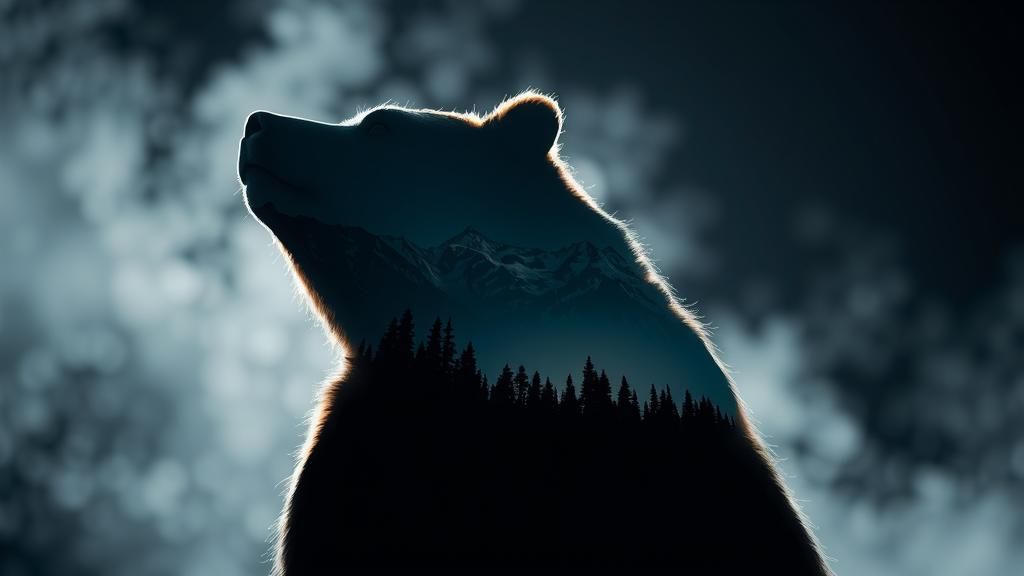 Bear Silhouette Reflecting Mountain Forest Landscape