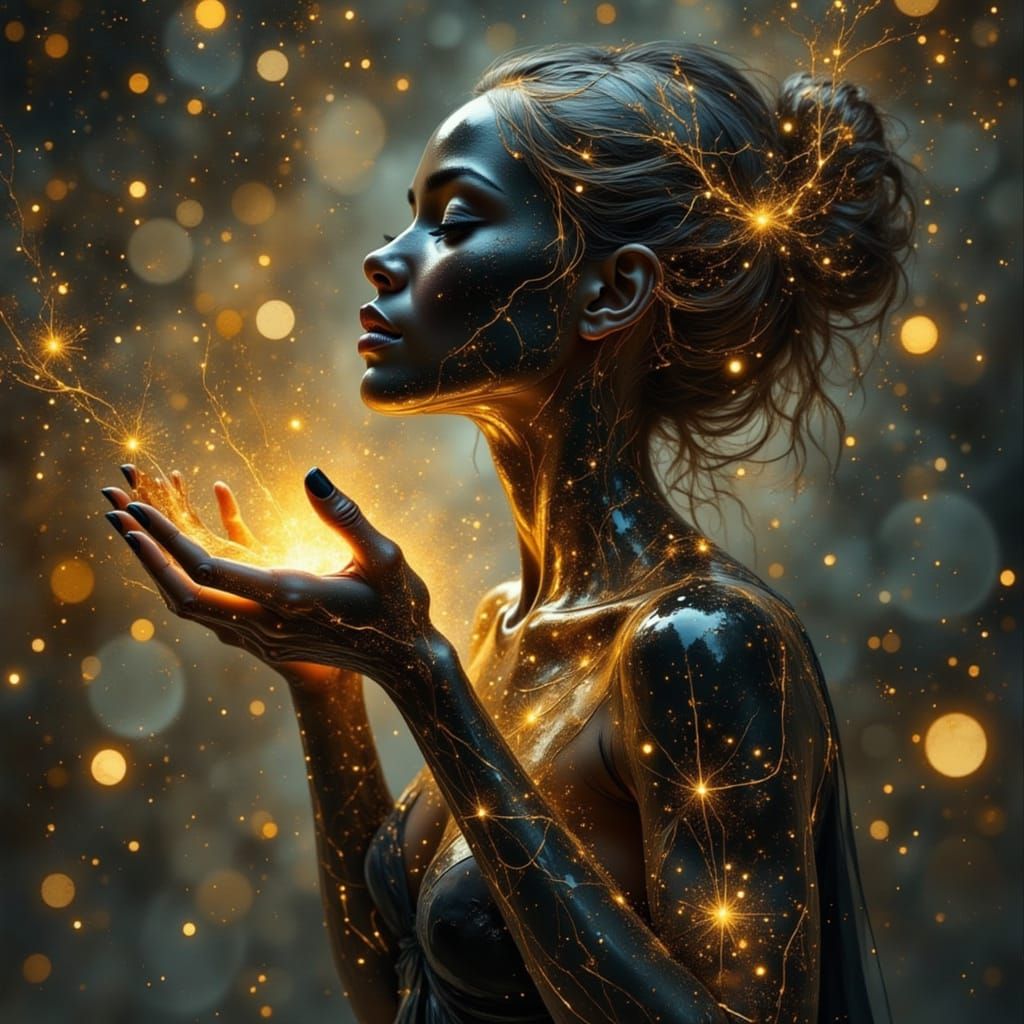 Obsidian Humanoid Weaves Starlight with Painterly Style