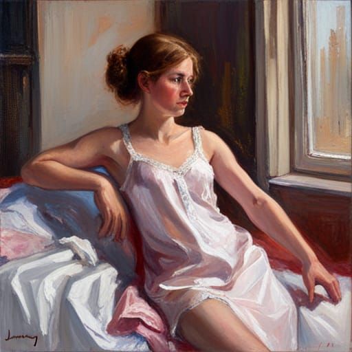 Teenage Girl in Satin Lingerie: Oil Painting