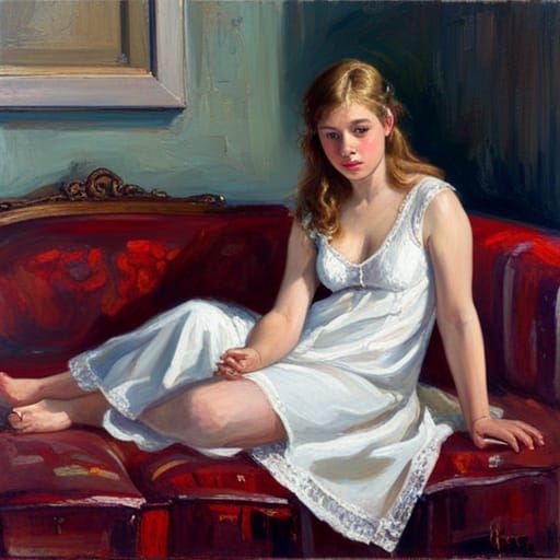 Teenage Girl in Satin and Lace: Oil Painting
