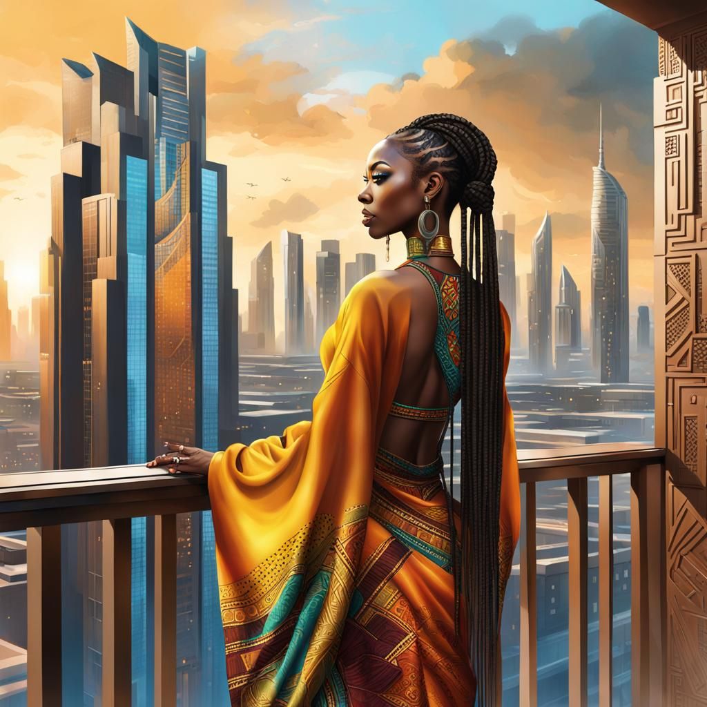 Futuristic African Woman in Sci-Fi Cityscape