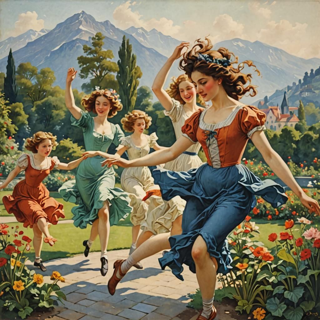 Impressionist Women Dancing in Garden, Impasto Painting