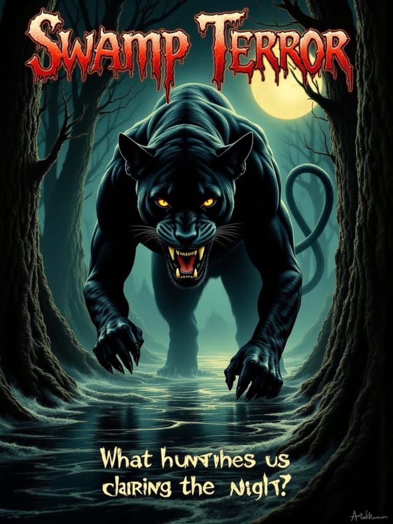 Terrifying Cobra-Panther Hybrid in Pulp Horror Illustration