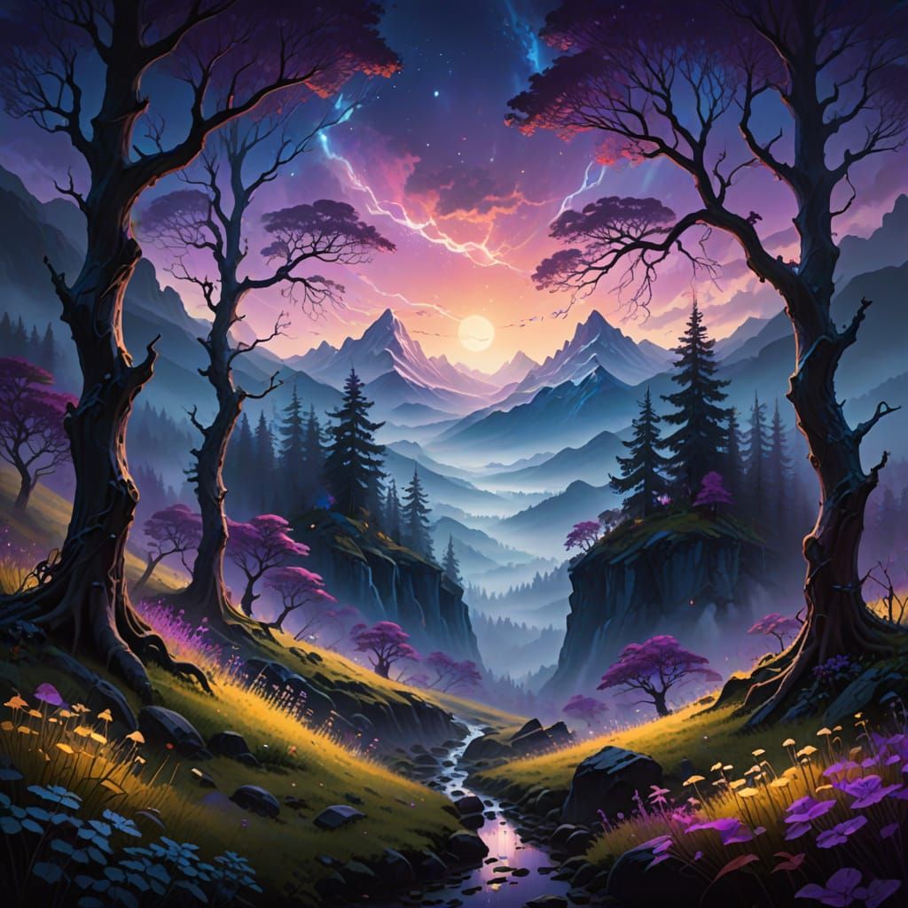 Surreal Fantasy World Unfolds in Vibrant, Iridescent Hues