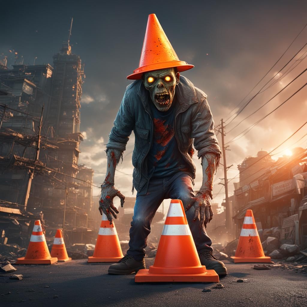 Zombie with Traffic Cone, Detailed Matte Painting