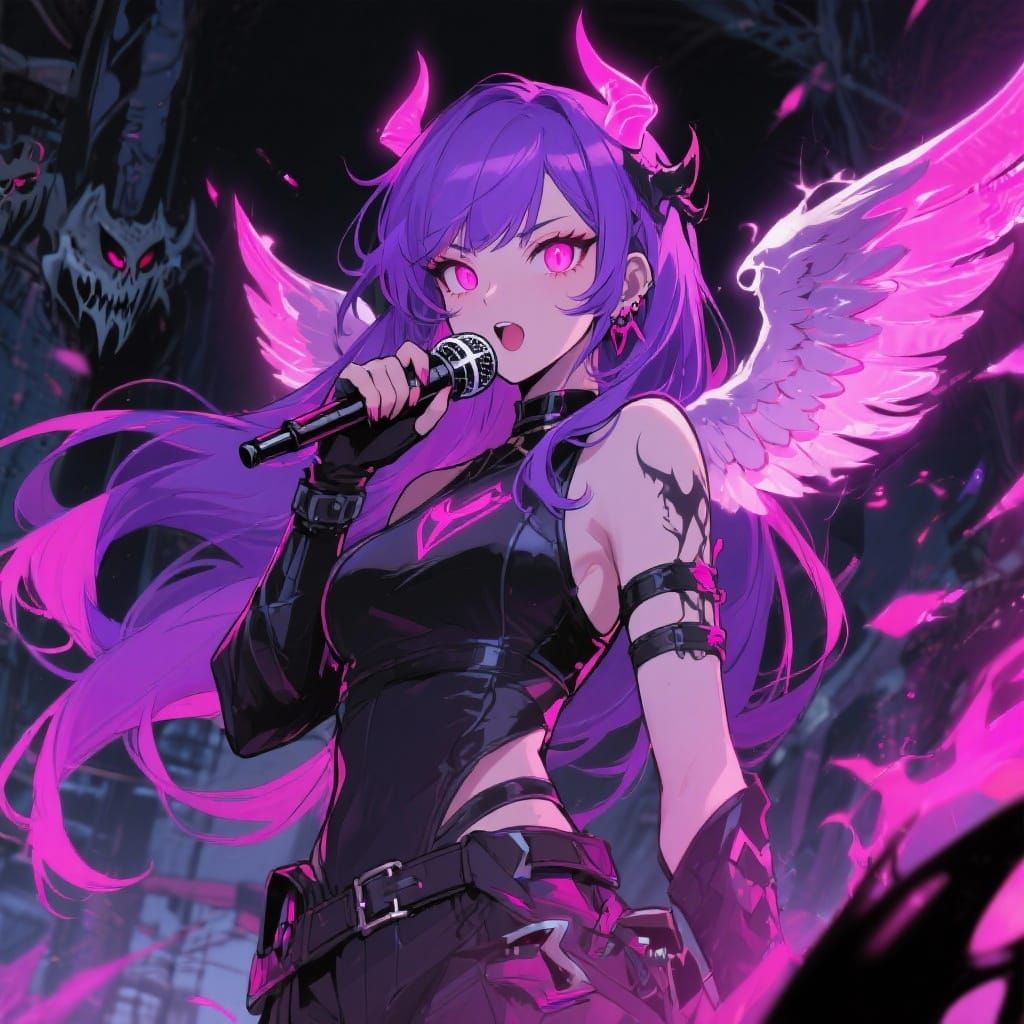 she is the on with violet hair and pink eyes her voice of an...