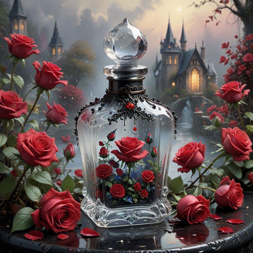 Gothic Perfume Bottle with Red Petals and Mist