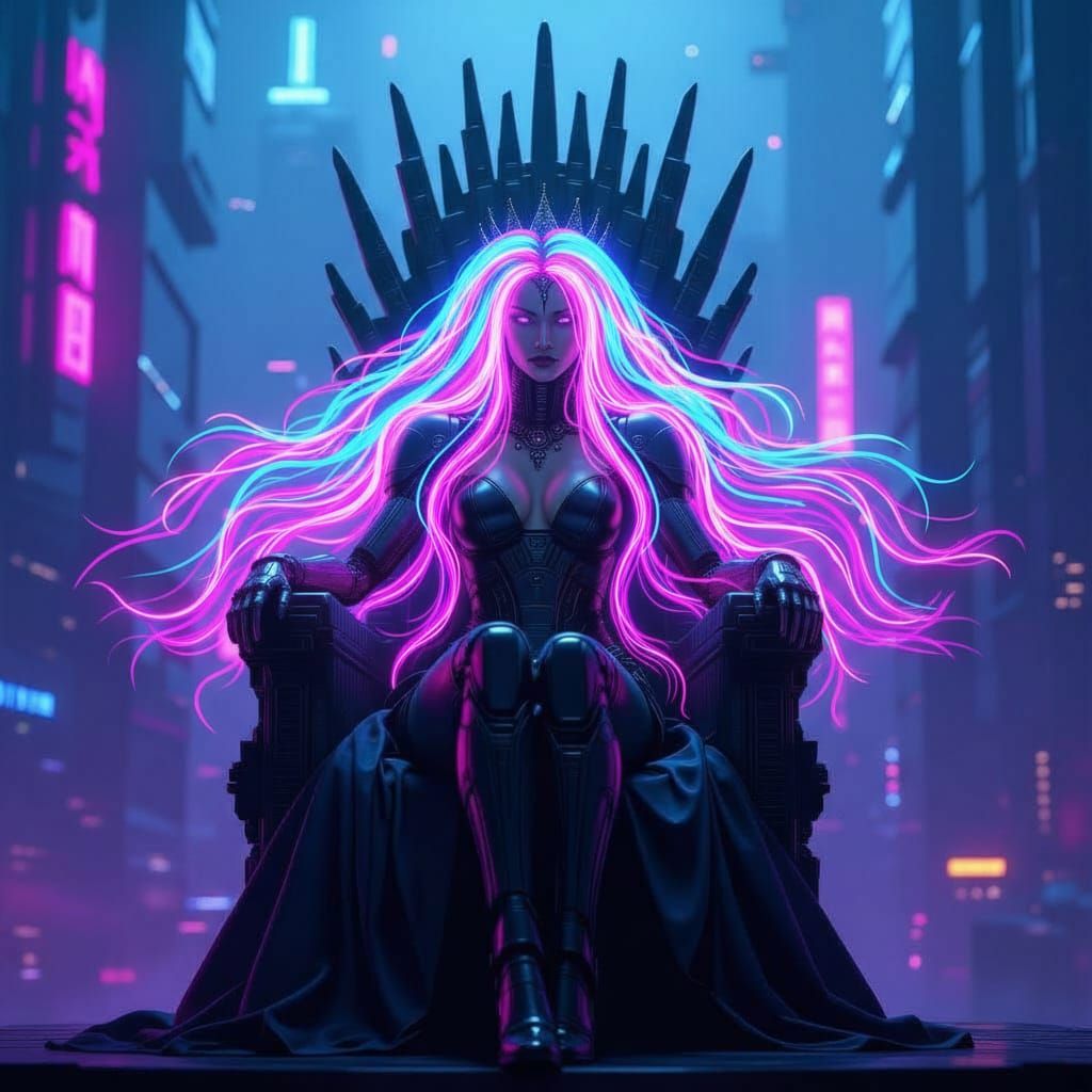 Cybernetic Queen Rules Neon Metropolis from Obsidian Throne
