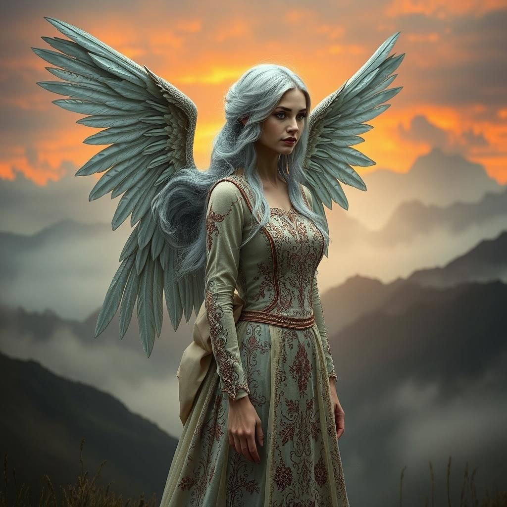 Winged Woman in Misty Landscape: Digital Art