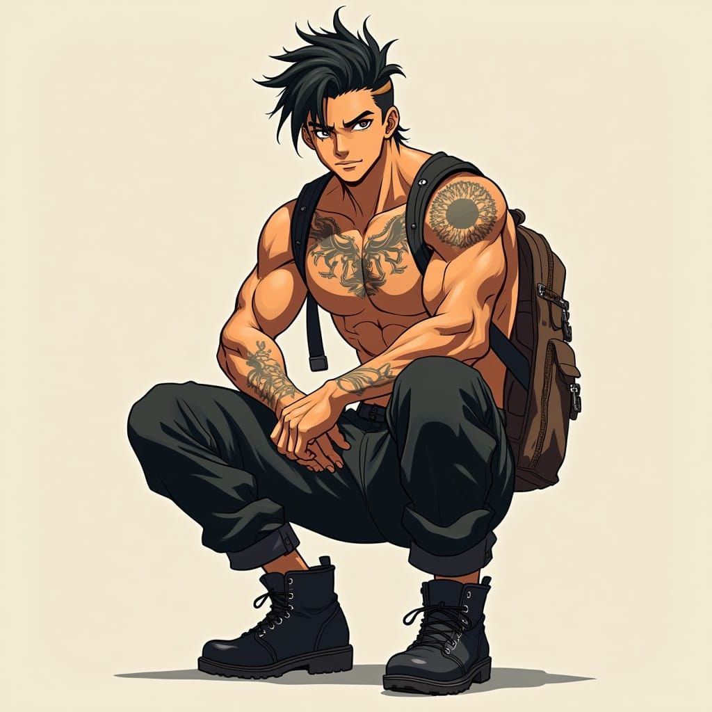 Confident Anime Warrior with Tattoos