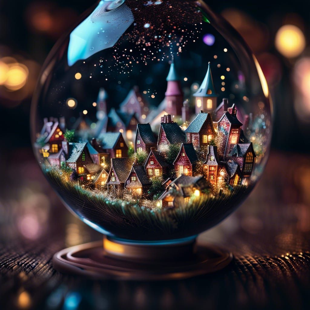 Fairy Town Encased in Glass Bulb, Hyperrealistic