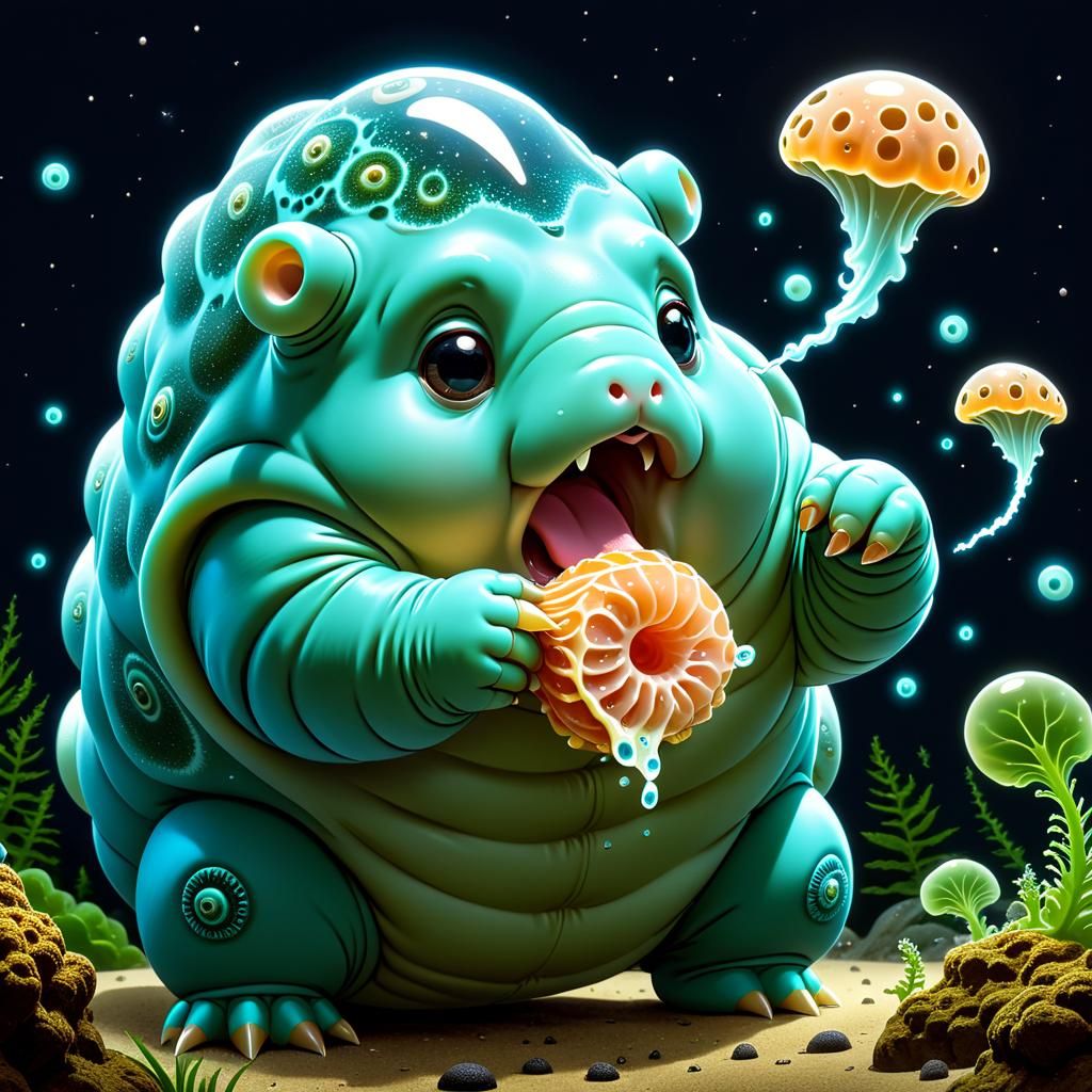 A cute tardigrade eating an amoeba.