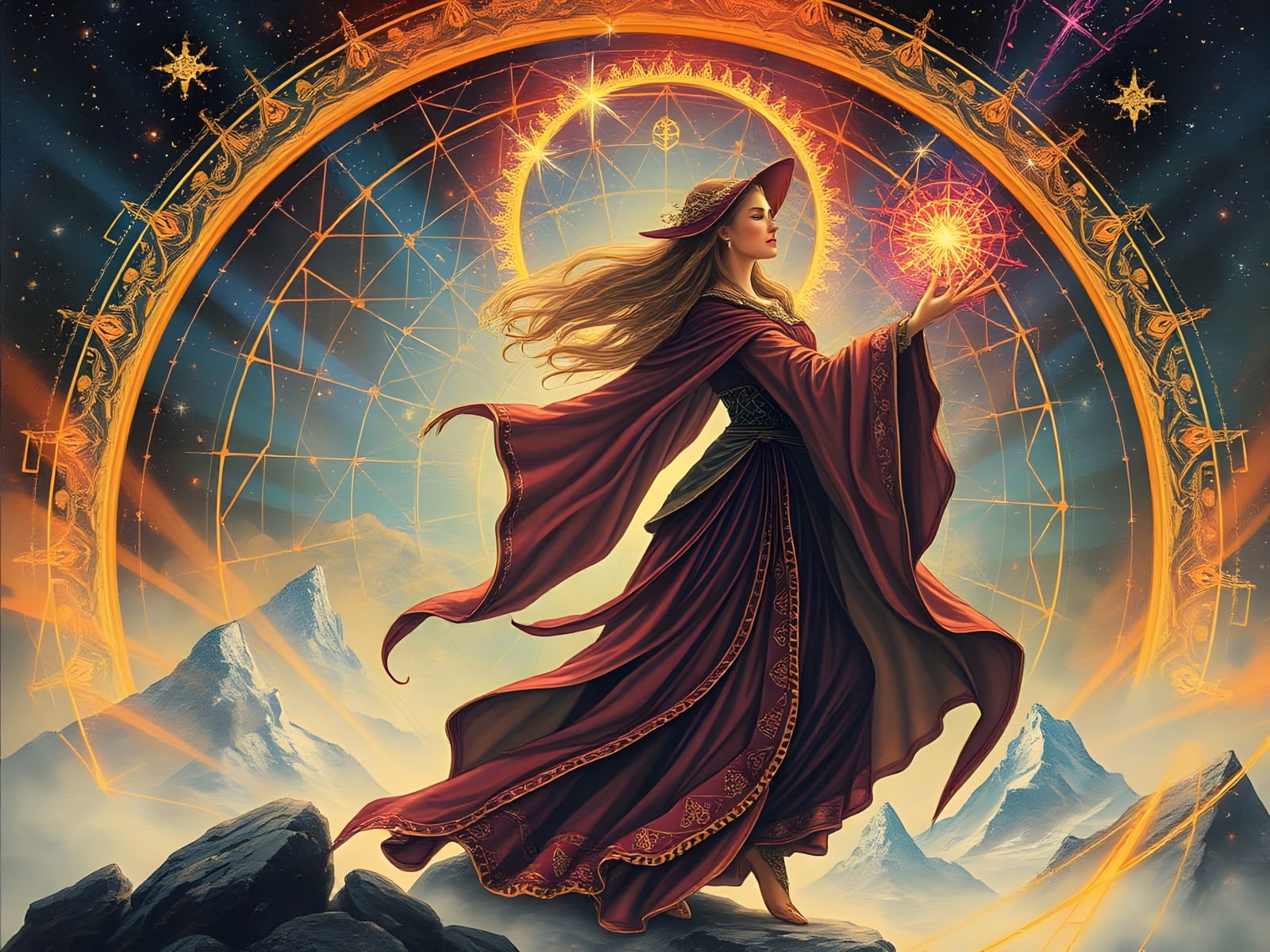 Sorceress in Vibrant Geoglyph Style
