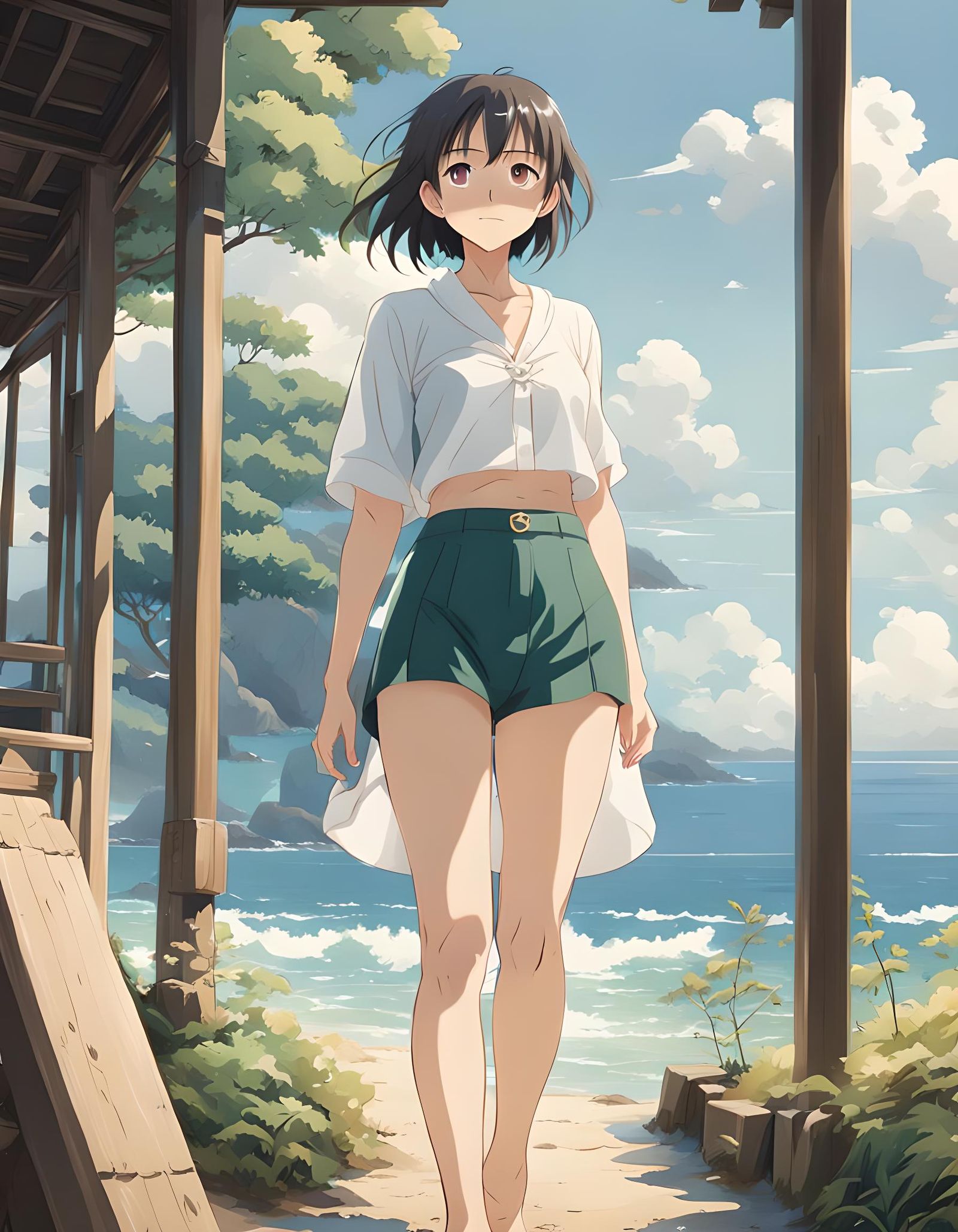 Anime-Inspired Young Woman with Ocean View