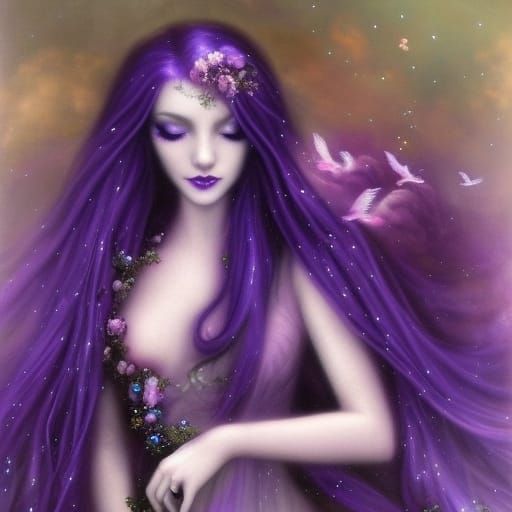 Ethereal gothic siren with long flowing purple hair with cob...