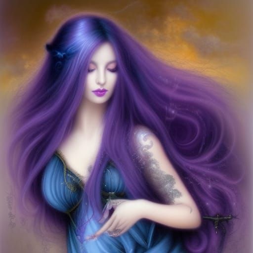 Ethereal gothic siren with long flowing purple hair with cob...
