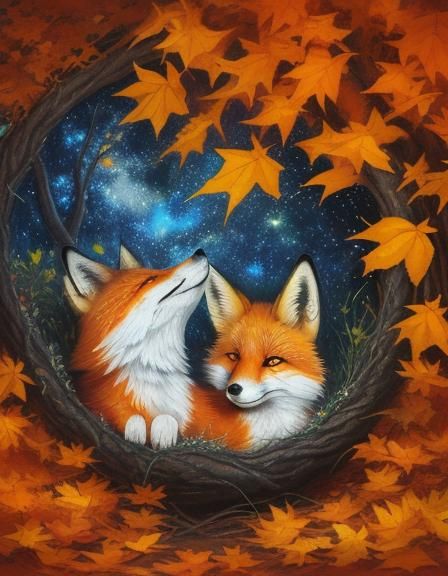 Chibi Fox in Oil Painting with Fireflies