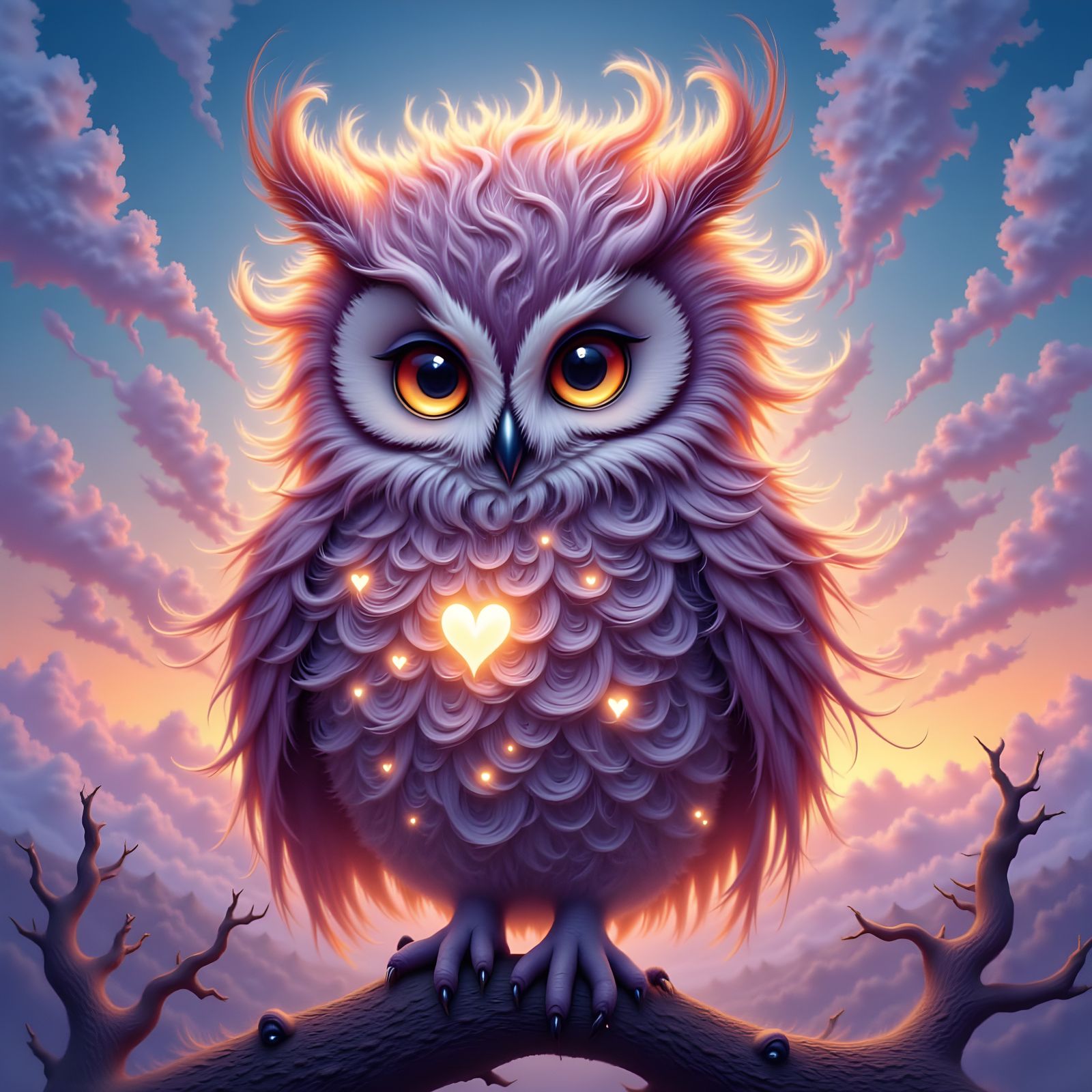 Cute Escher Owl in Golden Twilight Sunset