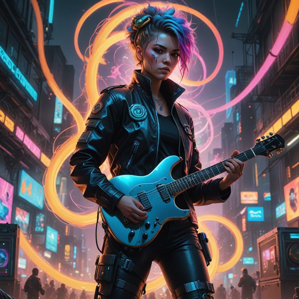Cyberpunk Guitarist in Spectral Rainbow Fog