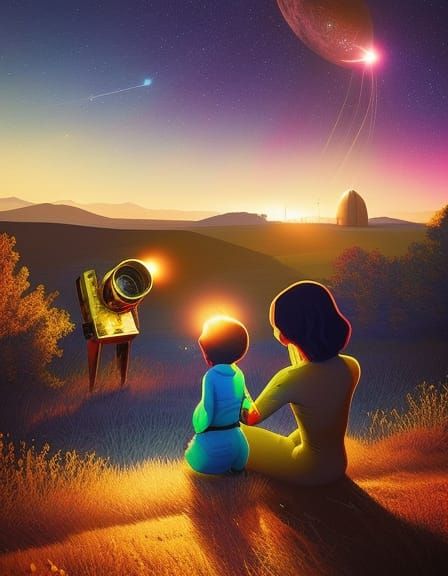 Alien Mother and Son Stargazing at Golden Hour