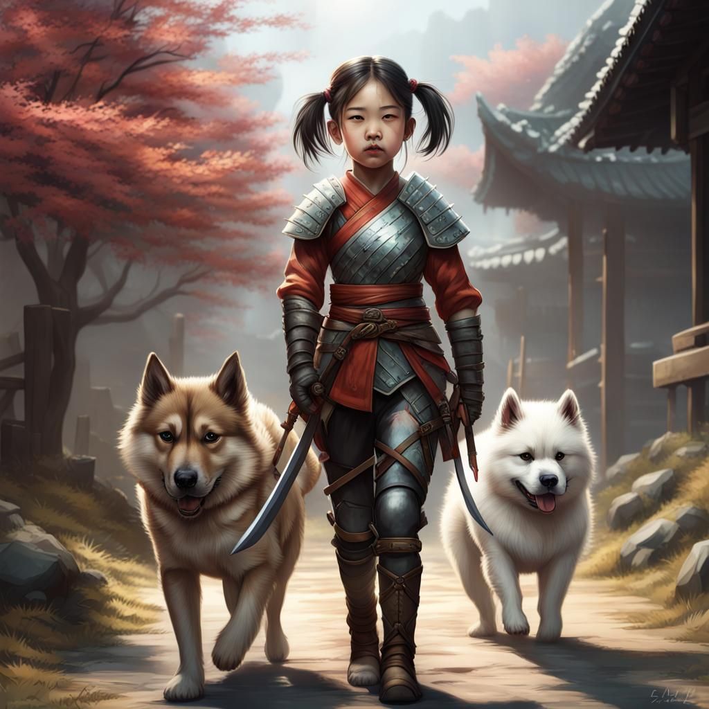Armored Girl with Akita Bodyguards, Hyperrealistic Art